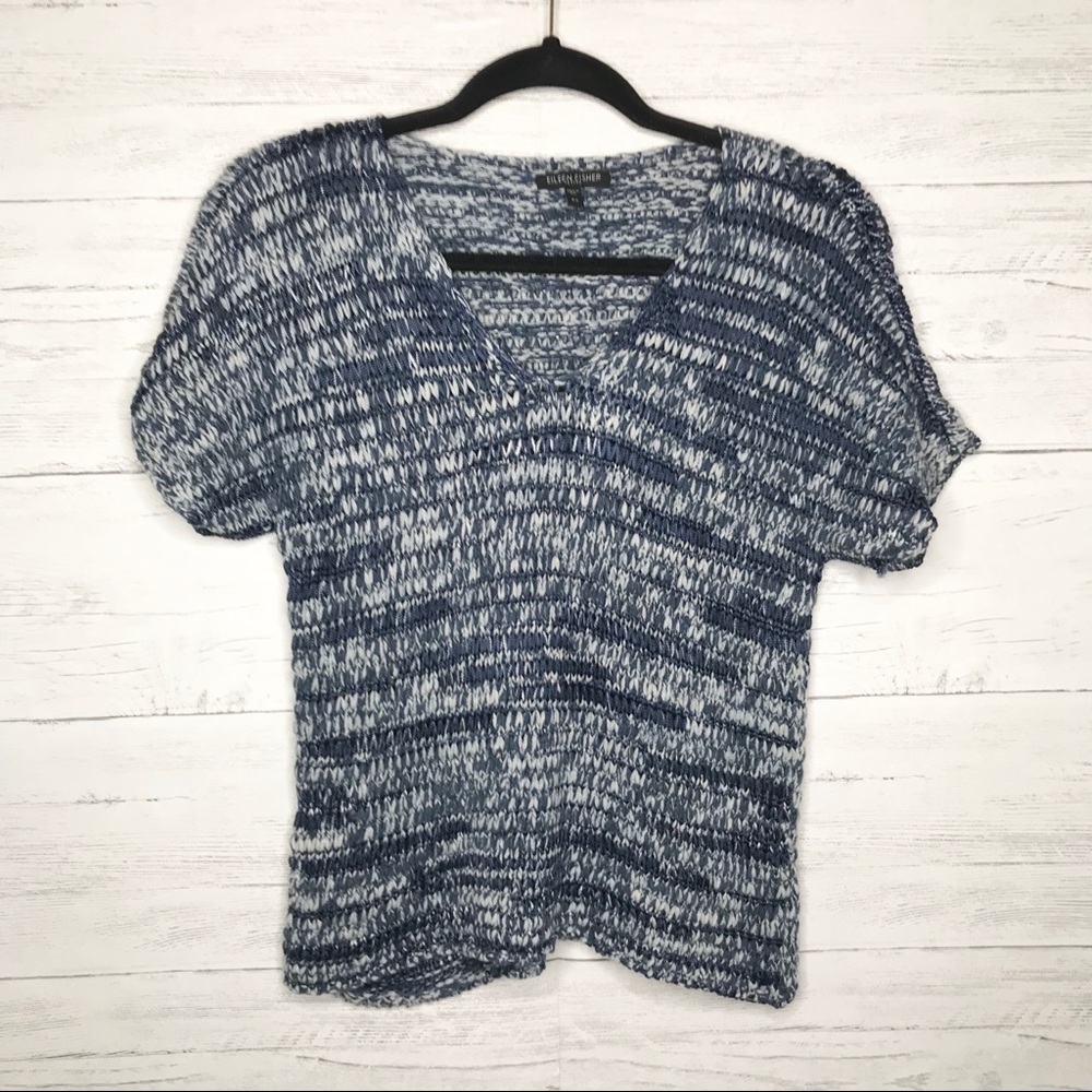 Eileen Fisher Blue V Neck Short Sleeve Sweater
